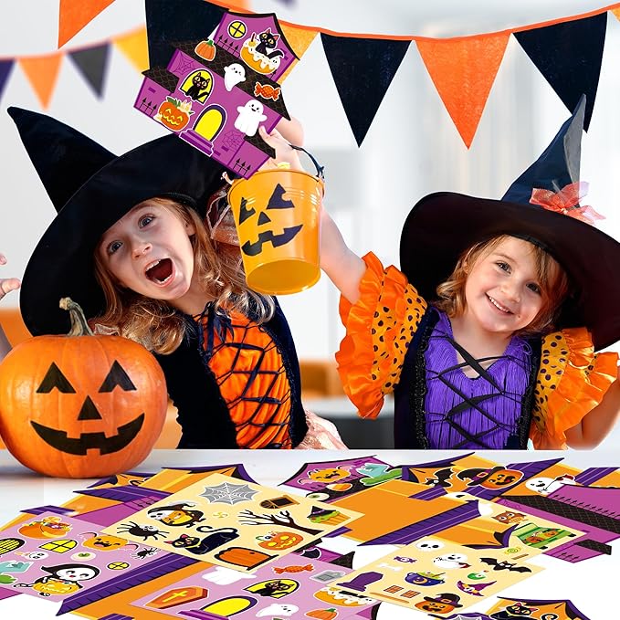 CY2SIDE Halloween Haunted House Stickers Scene - 12 Set Make A Haunted House Sticker Scene Craft Kits for Kid Make Your Own Halloween House Scene with Witch Sticker DIY Halloween Craft Class Activity