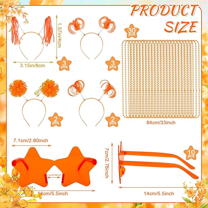 50 Pcs Orange Holiday Team Spirit Party Accessories Pom Pom Party Headbands Star Shape Sunglasses Bead Necklaces Stuff Favors for Birthday Wedding Supplies(Classic)