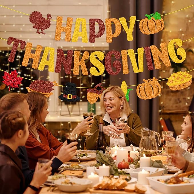 Happy Thanksgiving Banner Thanksgiving Day Garland Fall Maple Leaves Autumn Pumpkin Pie Turkey Harvest Theme Banner Thanks Giving Party Decorations