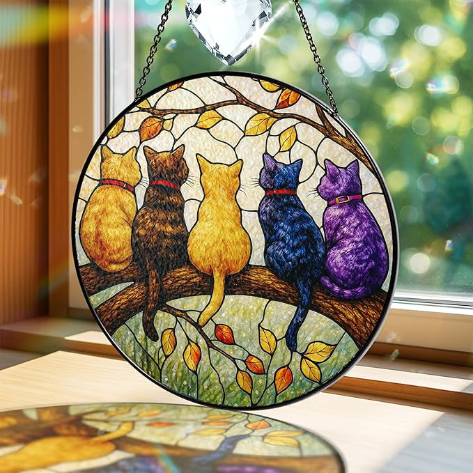 Cat Stained Glass Suncatcher Window Hanging, 5 Cats on Branch Sun Catcher Ornament, Father's Day, Mother's Day, Birthday Gifts for Women, Cat Mom, Pet Lovers, Nature Lovers, Autumn Leaves Decor
