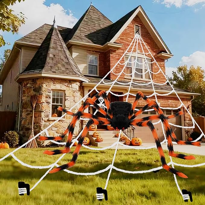 200" Halloween Spider Web + 59" Giant Spider Decorations, Triangular Huge Spiders Web and Hairy Scary Fake Spider, for Indoor Outdoor Porch Yard, Scary Haunted House Party, and Halloween Décor
