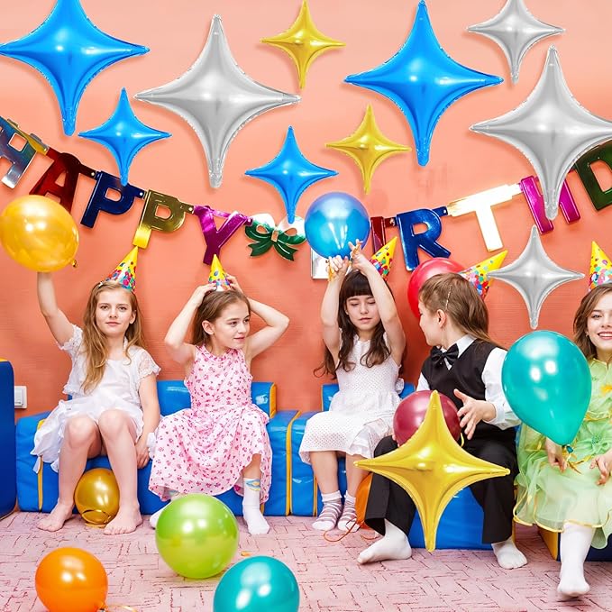 Blue Gold Silver Balloons,12Pcs Four Angle Star Foil Balloons,26Inch and 10Inch Blue Silver Gold Quadrangle Helium Balloon for Birthday Anniversary Party Decorations