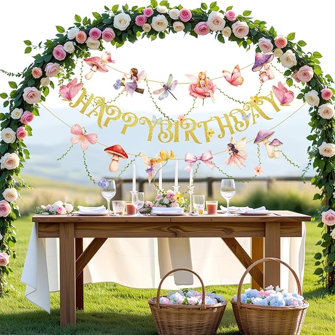 SUNBEAUTY Fairy Garden Birthday Banner Butterfly Mushroom Floral Party Decor for Girls Baby Shower, First Birthday, Summer Fall Theme Celebration, Outdoor Indoor Fairy Tale Decorations