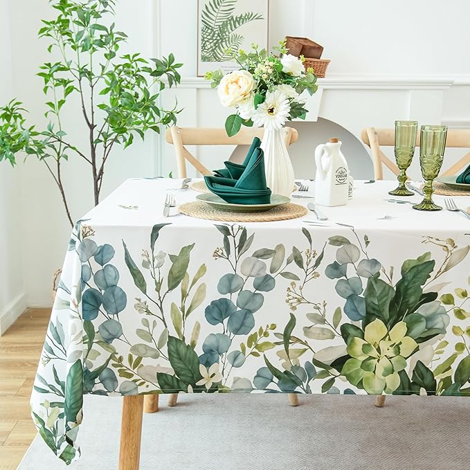 Summer Spring Tablecloth – Waterproof, Stain Resistant, Eucalyptus Floral Design for Dining, Kitchen, Outdoor, Picnic, Easy Clean, Vibrant and Durable Boho Home Decor, W60 x L144