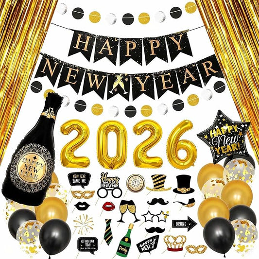 New Years Eve Party Supplies 2026 - 2026 Foil Balloon Banner and Curtains, Photo Booth Props, New Years Eve Decorations Black and Gold Party Supplies Decorations Photography Backdrops