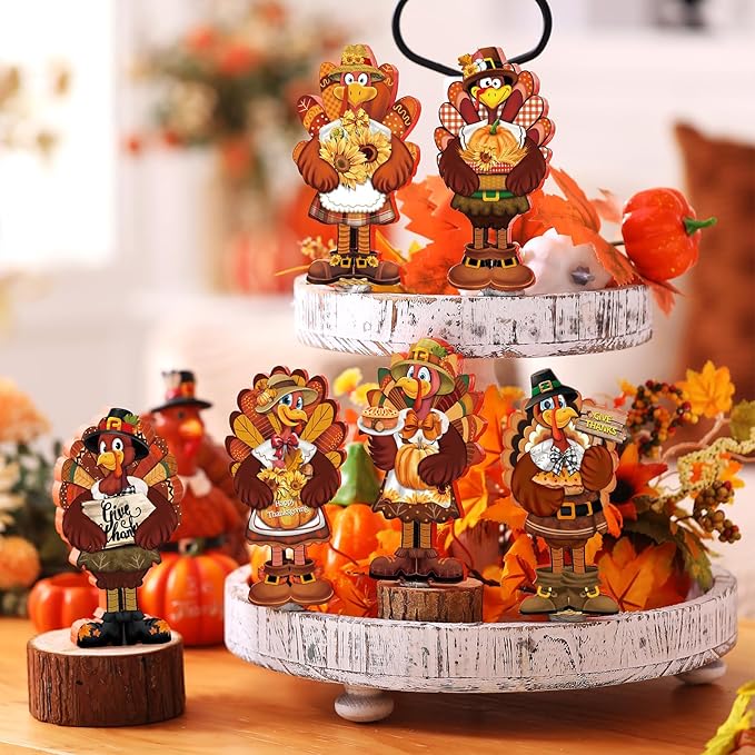 6 Pcs Thanksgiving Turkey Decorations Wooden Turkey Table Centerpieces Fall Tiered Tray Decor Thanksgiving Standing Wooden Block Signs for Home Kitchen Tabletop Shelf Autumn Harvest Party
