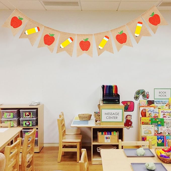 Glitter Apple Pencil Burlap Banner,Welcome Back to School Decorations,First Day of School Banner Garland for Classroom Teachers Office Backdrop Party Supplies