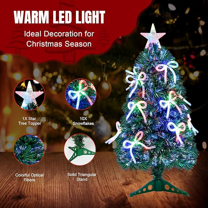 Joyhalo 3 FT Fiber Optic Mini Christmas Tree, Pre Lit Christmas Tree, Table Top Small Christmas Trees with Star Tree Topper，Bows, Metal Stand