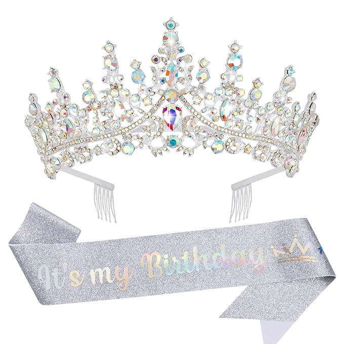 VELSCRUN AB Silver Crystal Birthday Tiara Crowns for Women Girls It's My Birthday Sash Queen Girls Princess Crown with Combs Happy Birth Party Decorations Mom Sisters Birth Gift Hair Accessories