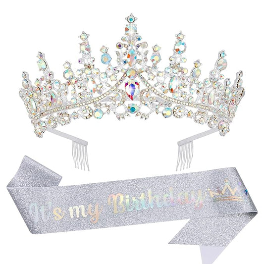 VELSCRUN AB Silver Crystal Birthday Tiara Crowns for Women Girls It's My Birthday Sash Queen Girls Princess Crown with Combs Happy Birth Party Decorations Mom Sisters Birth Gift Hair Accessories