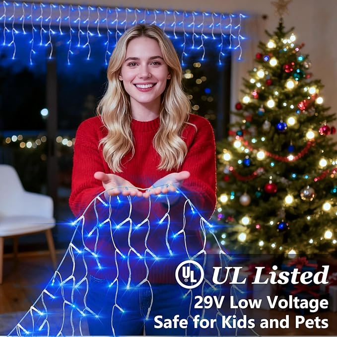 810 LED Christmas Lights Outdoor Indoor, 82ft Blue String Lights with 180 Drops, 12 Modes Dimmable Curtain Lights with Timer, Waterproof Twinkle Fairy Lights for Bedroom Window Eaves Xmas Decor