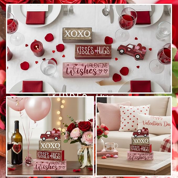 4 Pcs Valentine's Day Table Decoration Wooden Heart Truck Decor Valentine Tiered Tray Decor Valentine's Day Centerpiece Rustic Decorative Truck Block Sign Farmhouse for Home Kitchen Shelf