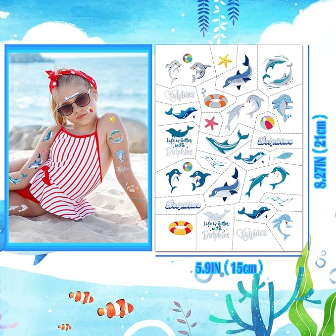 Dolphin Temporary Tattoos for Kids-100+ Glitter Style Underwater Animals Cute Fake Tattoo Waterproof for Girls Boys Body Face Tattoos Stickers Beach Ocean Party Favors Decorations