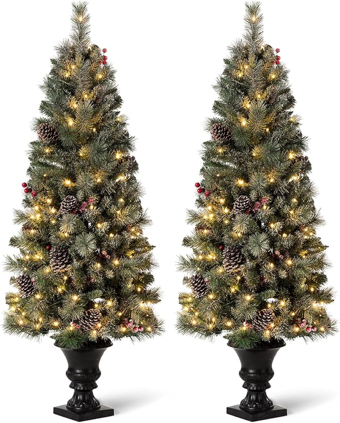 Glitzhome 5ft Prelit Christmas Tree Set of 2, Artificial Flocked Christmas Porch Tree with Lights, 372 PVC & Pine Needle Tips, Red Berries&Pine Cones, Potted Christmas Tree for Enrance Porch Decor