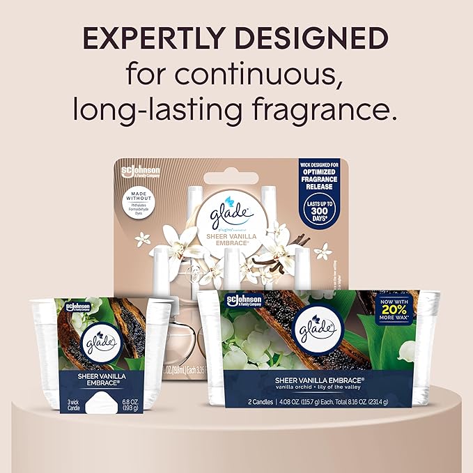 Glade Sheer Vanilla Embrace 3-Wick Fragrance Candle, Essential Oil Infused, Air Freshener, 6.8 Oz, 3 Count