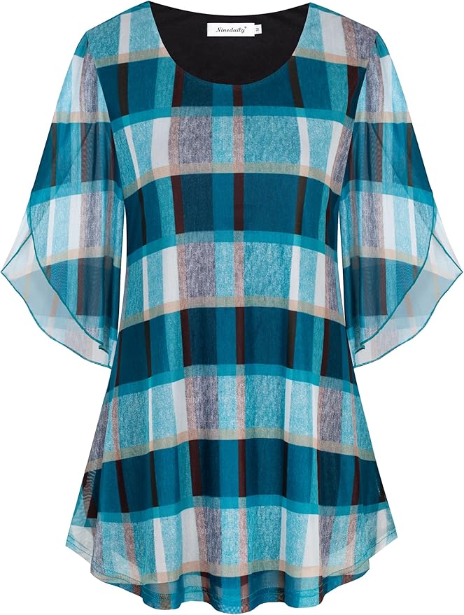 Ninedaily Women's Tops 3/4 Sleeve Blouses Dressy Casual Double Layers Mesh Tunic Shirts