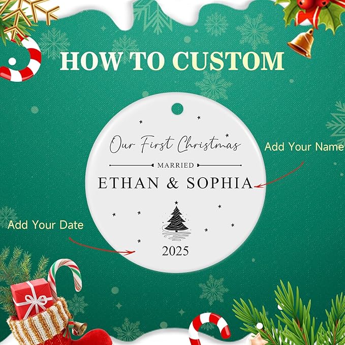 Personalized First Christmas Married Ornament 2025, Custom Engaged Christmas Ornaments with Names, Customized Wedding Engagement Gifts for Newlywed Couples Him Her