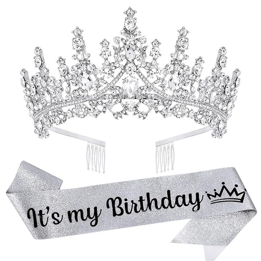 VELSCRUN Silver Crystal Birthday Tiara Crowns for Women Girls It's My Birthday Sash Queen Girls Princess Crown with Combs Happy Birth Party Decorations Mom Sisters Birth Gift Hair Accessories