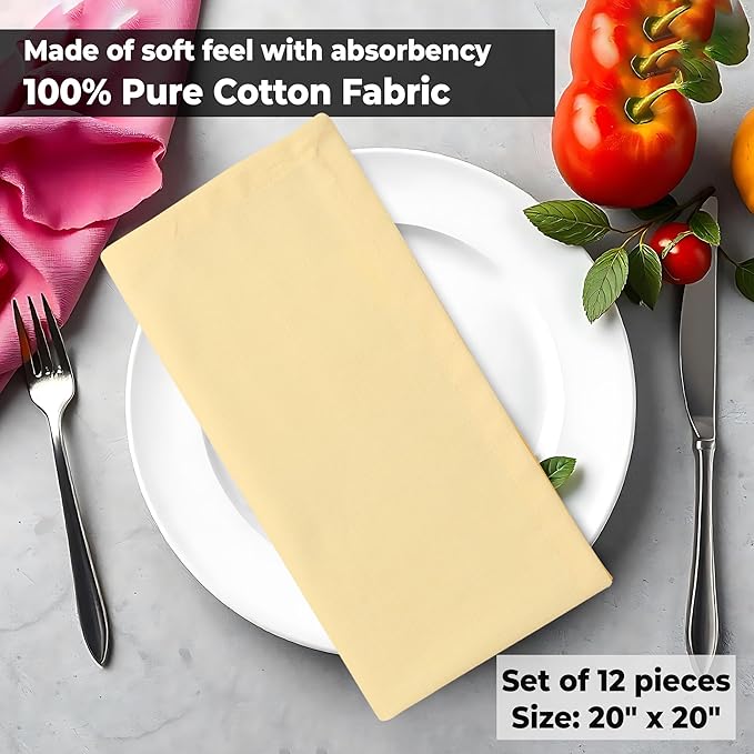 Urban Villa Fall Cloth Napkins 100% Cotton Slub Absorbent Dinner Napkins (Set of 12) Oversized 20x20 Inches Solid Yellow Color Soft Durable Reusable Washable Ideal for Everyday Use Wedding Parties