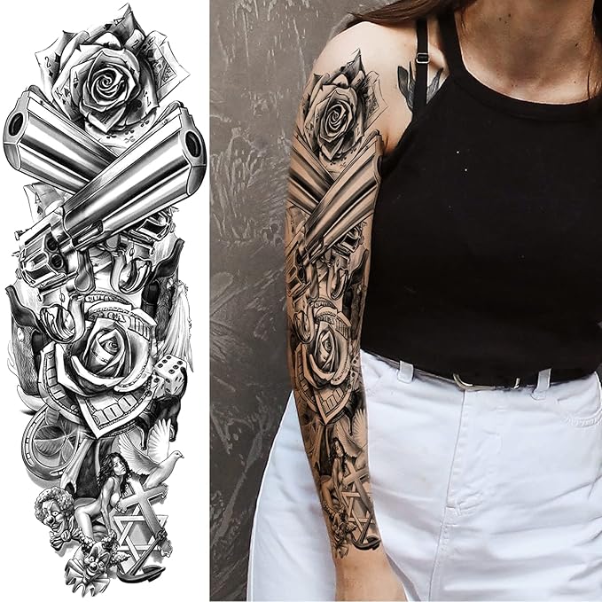 Military Temporary Tattoo Sleeve for Men, 4-Sheet Full Arm Large Patriotic Gun Soldier Fake Tattoo Sleeve Adult Women and 4-Sheet Black Floral Tiger Gun Half Temp Tatoo Sticker Leg Makeup Body Art