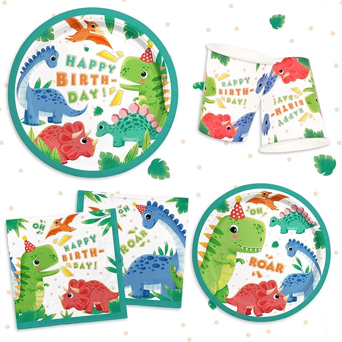 Dinosaur Birthday Party Supplies Disposable Paper Plates Napkins Cups Tablecloth and Banner for Dinosaur Party Decorations Serve 25