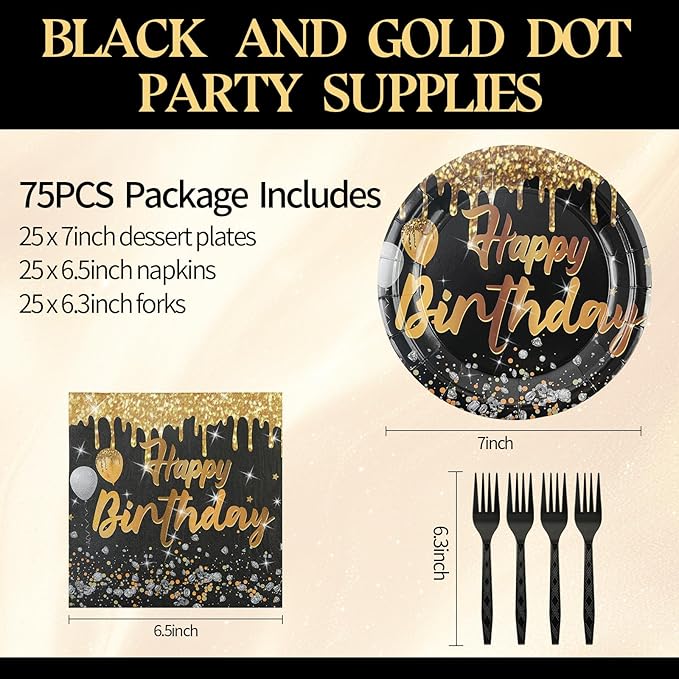 75PCS Happy Birthday Plates and Napkins, 7 Inch Black and Gold Paper Cake Plates Disposable Party Supplies Party's Tableware for Birthday Party Decorations