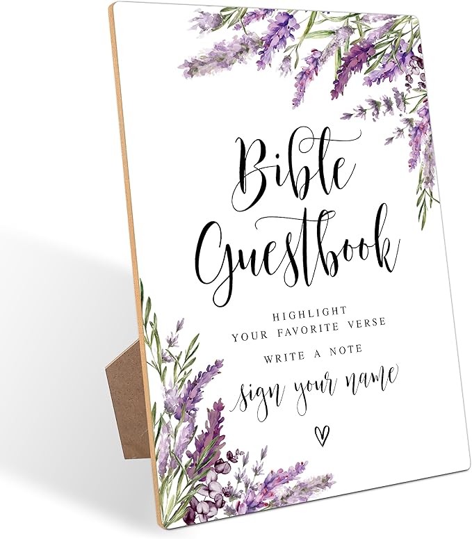 Bible Guest Book Sign, Lavender Bridal Shower Decorations, Guest Book for Party, Wedding Reception Table Decorations, Floral Wooden Sign with Stand for Wedding Reception And Bridal Party Decor, 41