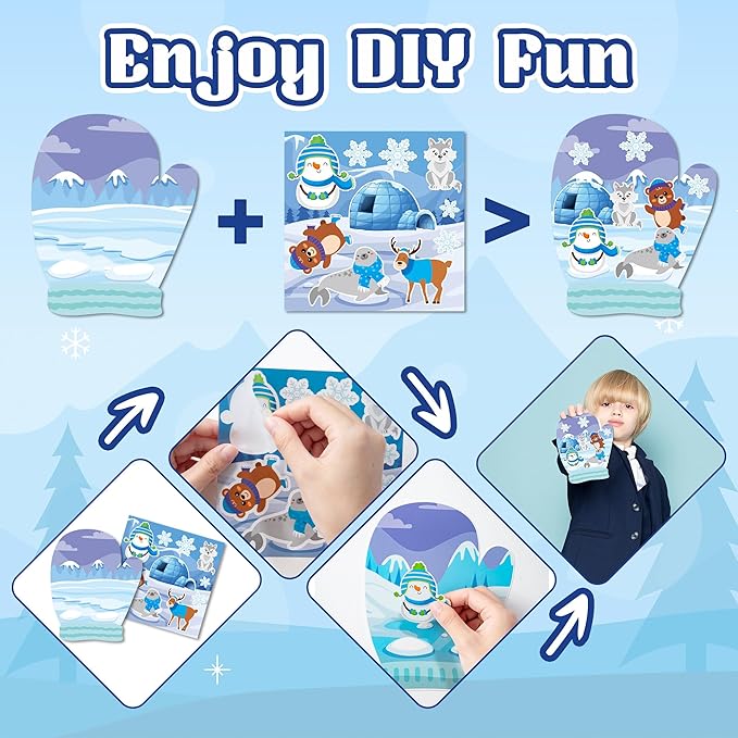 CY2SIDE 12 Set Polar Animal Glove Scene Sticker Art Craft for Kids, Make A Winter Glove Scene with Polar Animal Sticker, DIY Winter Holiday Party Games for School Classroom Activities