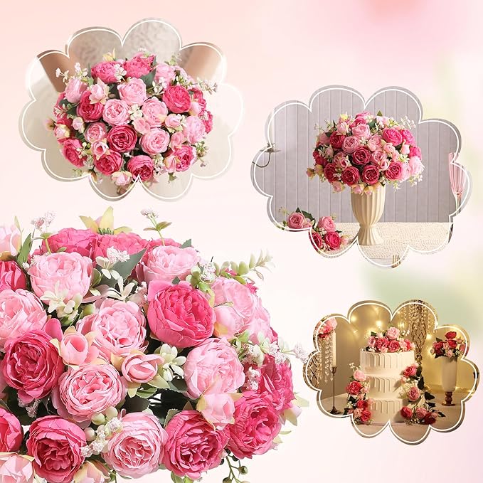Floweroyal 4 Bunches Peony Artificial Flowers Pink Flowers Silk Peonies Bouquets for Wedding Party Table Centerpieces Floral Arrangement Home Kitchen Decor