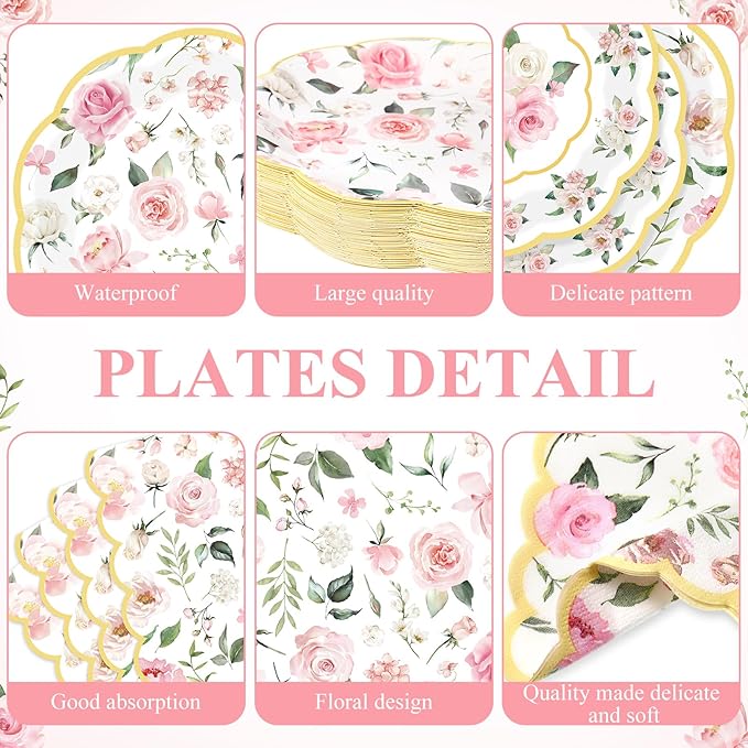 250 Pcs Floral Party Decorations Flower Paper Plates Napkins and Cups Pink and Gold Floral Disposable Tableware Set for Bridal Shower Baby Shower Wedding Spring Tea Party Supplies, Serves 50