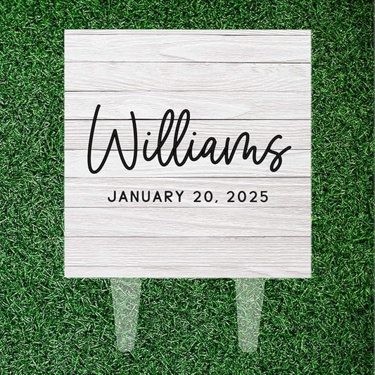 Andaz Press Distressed Whitewash Wood With Date Custom Wedding Cake Topper, Acrylic Square Personalized Couple Cake Topper