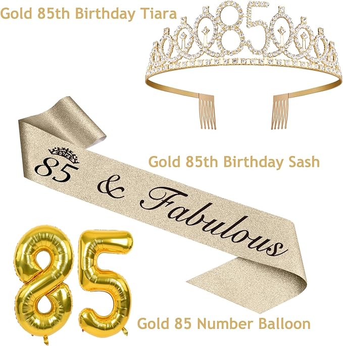 85th Birthday Decorations for Women Gold with 85th Birthday Sash and Tiara, Cake Topper and Candles, Number Balloons, 85 Year Old Gifts for Women
