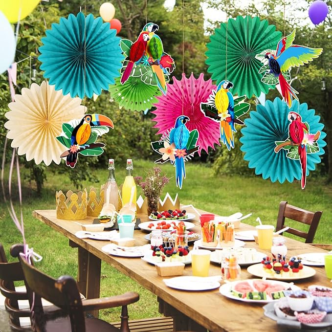 Tropical Parrot Party Decorations, Green Teal Jungle Theme Decorations for Summer Hawaiian Luau Tiki Party Supplies Hanging Tissue Paper Fans Honeycomb Balls Poms.