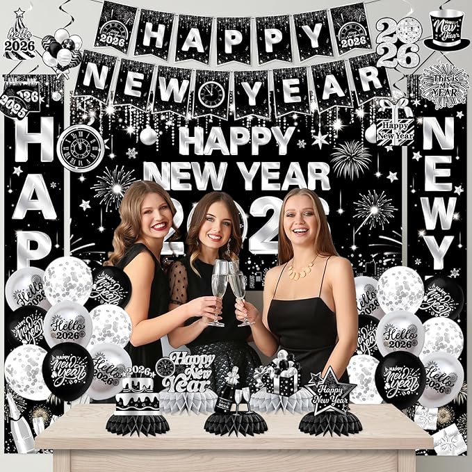 New Years Decorations 2026,Happy New Years Eve Party Supplies Black and Silver Nye Party Decorations With Backdrop Door Banner Hanging Swirls Honeycomb Balloon