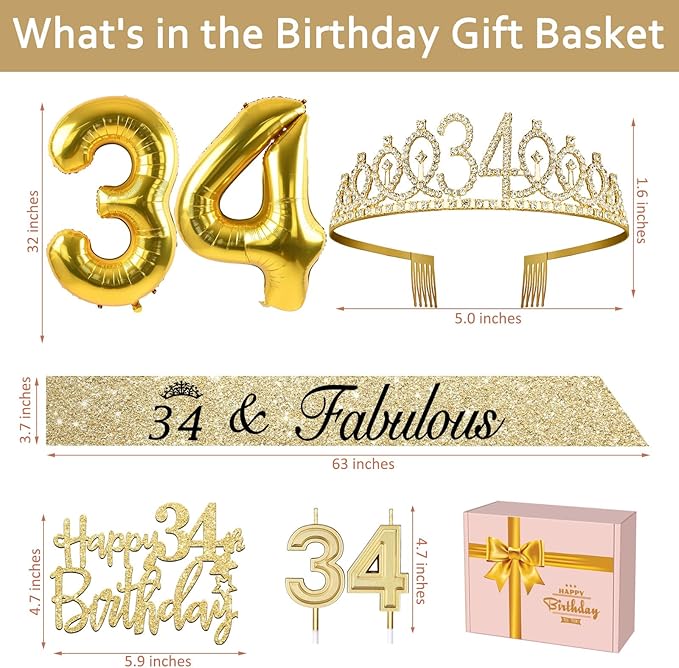 34th Birthday Decorations for Women Gold with 34th Birthday Sash and Crown, Cake Topper and Candles, Number Balloons, 34 Year Old Gifts for Women