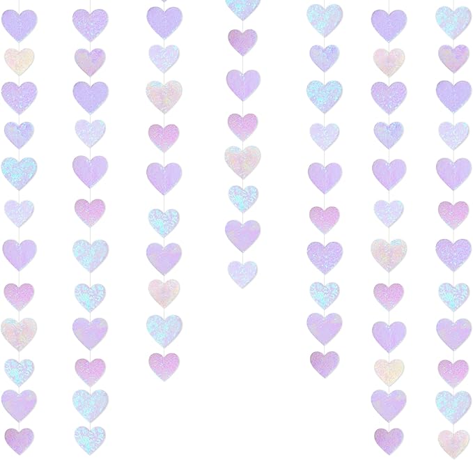 Iridescent White Heart Decorations Double Sided Sequin Fabric 3D Heart Hanging Wall Art Heart Garland Streamer for Nursery Classroom Bedroom Wall Valentines Day Holiday Weeding Anniversary Home Decor