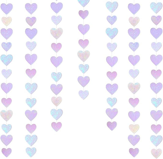 Iridescent White Heart Decorations Double Sided Sequin Fabric 3D Heart Hanging Wall Art Heart Garland Streamer for Nursery Classroom Bedroom Wall Valentines Day Holiday Weeding Anniversary Home Decor