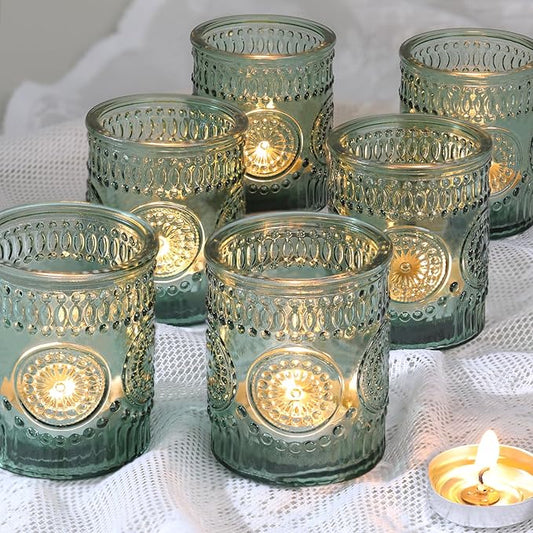 12pcs Green Votive Candle Holders，Glass Tea Lights Candle Holder Bulk for Birthday Parties, Weddings, Table Decorations, Candlelight Dinners
