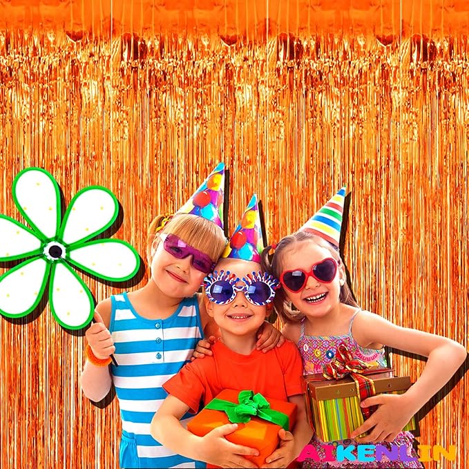 4 Pack Orange Foil Fringe Curtain Backdrop, 3.2Ft x 9.8Ft Metallic Tinsel Foil Fringe Streamers Curtains for Party, Photo Booth Prop, Birthday, Wedding, Christmas Party Decoration Supplies