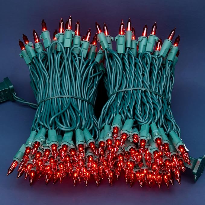 200 Count Red Christmas Lights, Pack of 2 Strands 100 Count 33 ft Green Wire UL Listed Holiday String Light (Red)