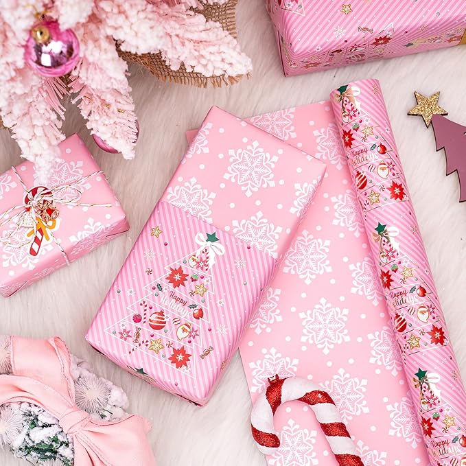 WRAPAHOLIC Reversible Pink Christmas Wrapping Paper - Mini Roll - 17 Inch x 33 Feet - Pink Christmas Tree Wrapping Paper and Snowflake Design for Holiday, Party Celebration