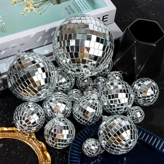 66 PCS Mirror Disco Ball for Party, 3.94/3.15/2.36/2/1.18 Inches Silver Hanging Reflective Glass Disco Ball for Christmas Tree Ornament Holiday Party Home Decorations