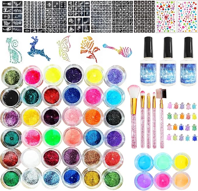 Glitter Tattoo Kit, All-in-One Glitter Tattoos for Kids & Adults with 295 Stencils, 42 Color Powders, 2 Gem Stickers & 20 Turtle Rhinestones, Face & Body Art, Ideal for Carnival, Birthday Party Gift