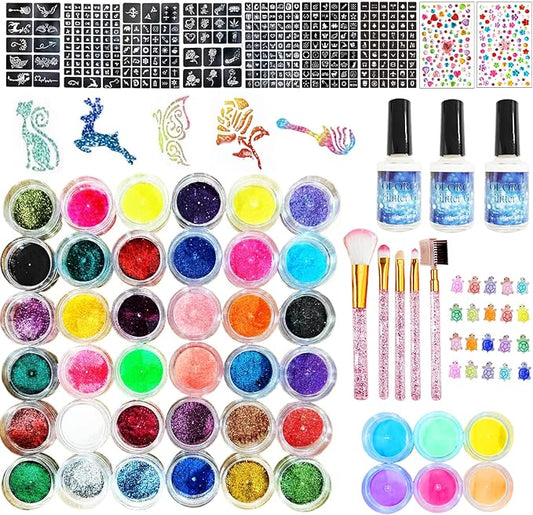 Glitter Tattoo Kit, All-in-One Glitter Tattoos for Kids & Adults with 295 Stencils, 42 Color Powders, 2 Gem Stickers & 20 Turtle Rhinestones, Face & Body Art, Ideal for Carnival, Birthday Party Gift