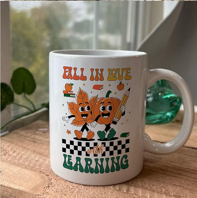 Fall In Love With Learning Thanksgiving White Mugs, 11oz 15oz Drinking Cups, Autumn Seasonal Gifts
