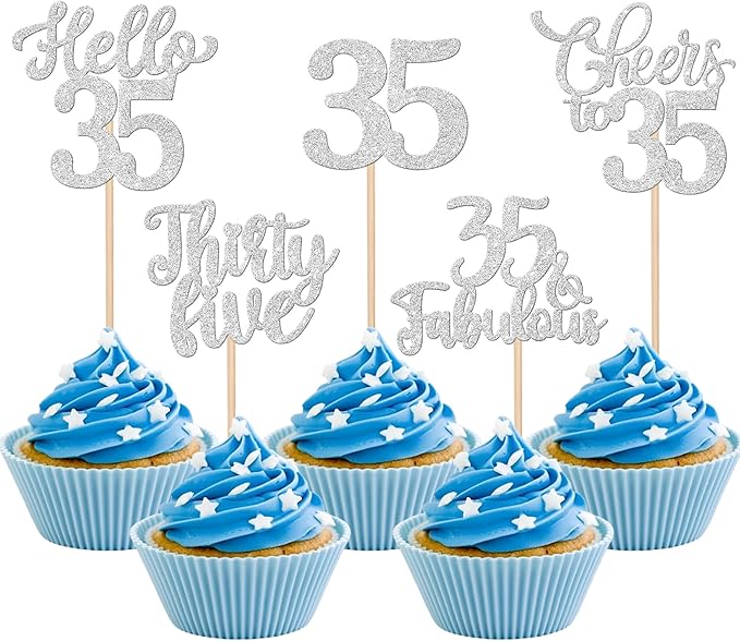 30PCS Happy 35th Birthday Cupcake Toppers Glitter Hello 35 Fabulous Thirty Five Cheers to 35 Years Old Birthday Cupcake Picks for Happy 35th Birthday Anniversary Party Cake Decor Supplies Silver