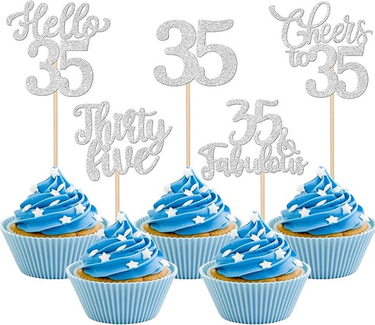 30PCS Happy 35th Birthday Cupcake Toppers Glitter Hello 35 Fabulous Thirty Five Cheers to 35 Years Old Birthday Cupcake Picks for Happy 35th Birthday Anniversary Party Cake Decor Supplies Silver
