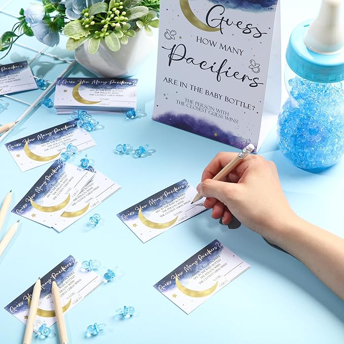 Roowest 512 Pcs Baby Shower Games Guess How Many Pacifiers Sign 100 Small Guessing Games 10 HB Pencils 750ml Milk Bottle 400 Acrylic Pacifiers Decoration for Guest Gender Reveal(Blue,Moon)