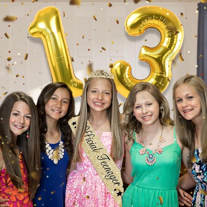 13th Birthday Decorations for Girls with 13th Birthday Crown, Official Teenager Sash, Candles and Cake Topper, Number Balloons, Teen Girl Gifts for 13 Year Old Girls