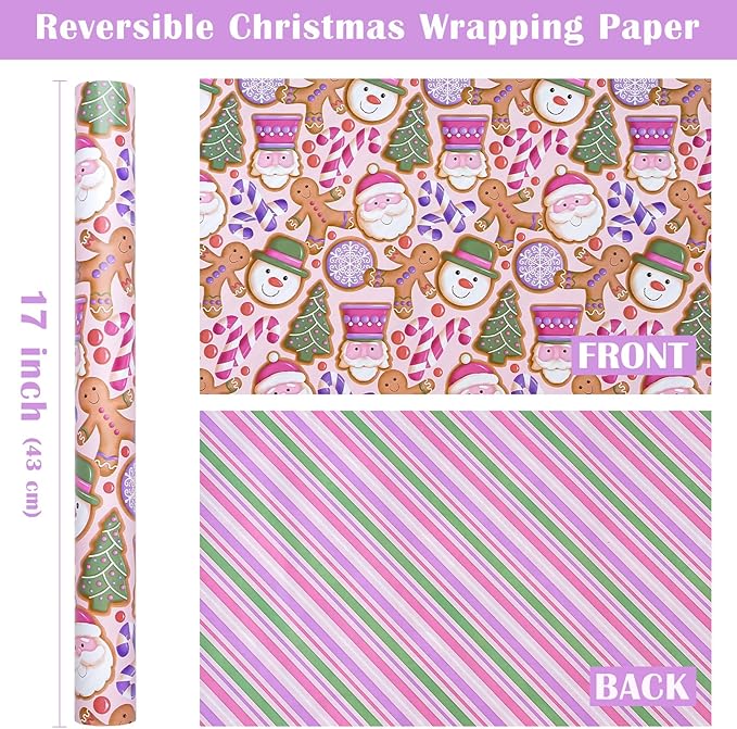 WRAPAHOLIC Reversible Gingerbread Christmas Wrapping Paper - Mini Roll - 17 Inch x 33 Feet - Pink Purple Stripes and Gingerbread Wrapping Paper for Xmas Holiday, Party Celebration